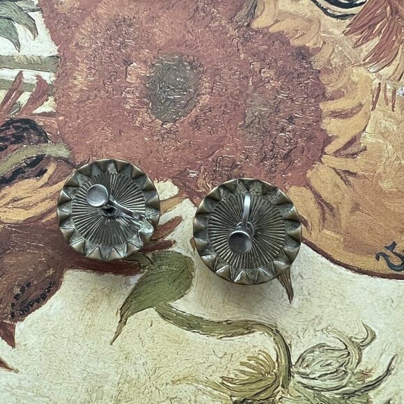 vtg 60s Rhinestone Earrings Faux Pearl Clip On ornate blue white glam studs 1" - Picture 7 of 7